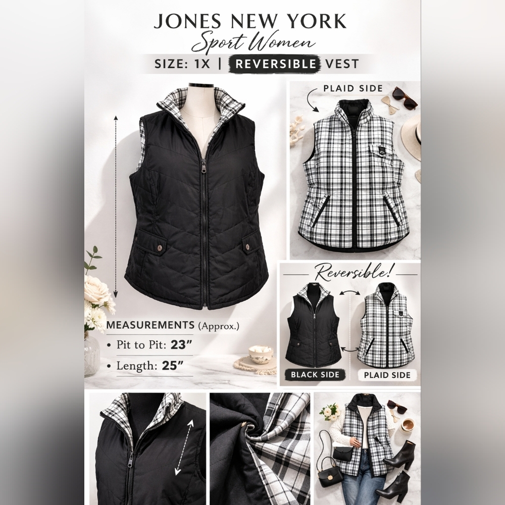 Jones New York Sport Reversible Quilted Vest 1X Black Plaid Puffer - Picture 2 of 13